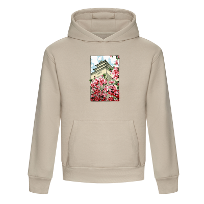 Temple on a hill where cherry blossoms bloom - sand heavy hoodie