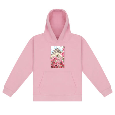 Temple on a hill where cherry blossoms bloom - baby pink heavyweight hoodie
