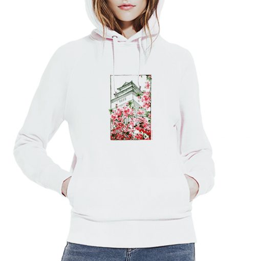 Temple on a hill where cherry blossoms bloom - Organic cotton White hoodie
