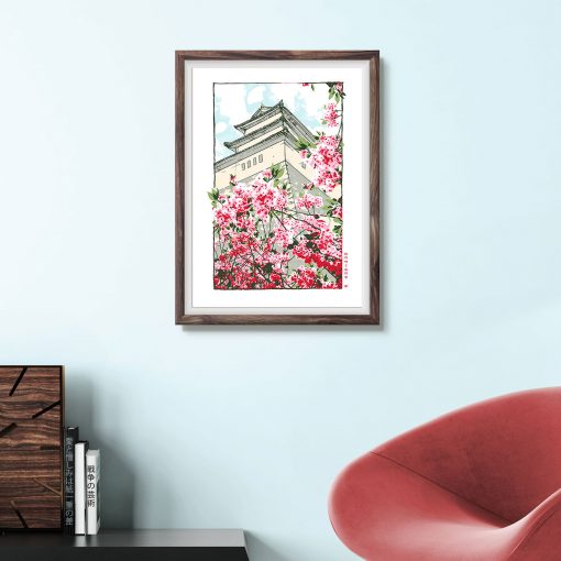 Temple on a hill where cherry blossoms bloom Art print