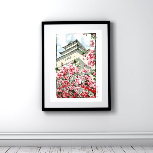 Temple on a hill where cherry blossoms bloom Art print