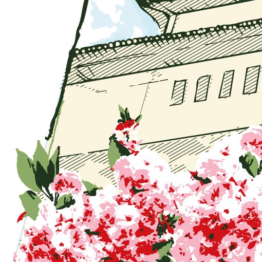 Temple on a hill where cherry blossoms bloom Art print detail