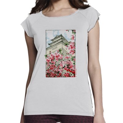 Temple on a hill where cherry blossoms bloom - Organic cotton womens t shirts white